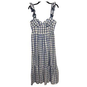 English Factory Gingham Tiered Midi Dress Size Medium Blue White Easter Cottage